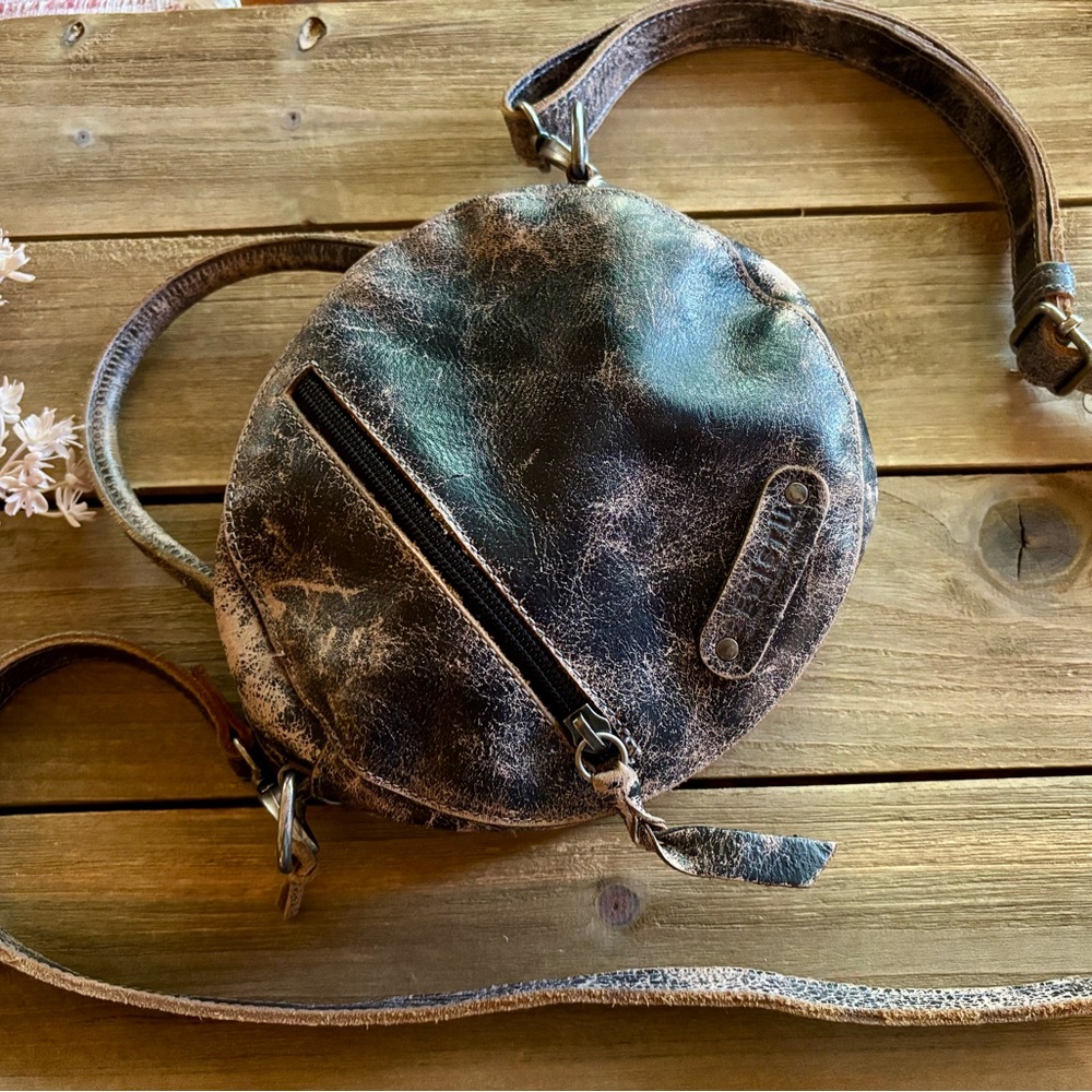 Bed Stu Arenfield Black Lux small black leather crossbody purse distressed.